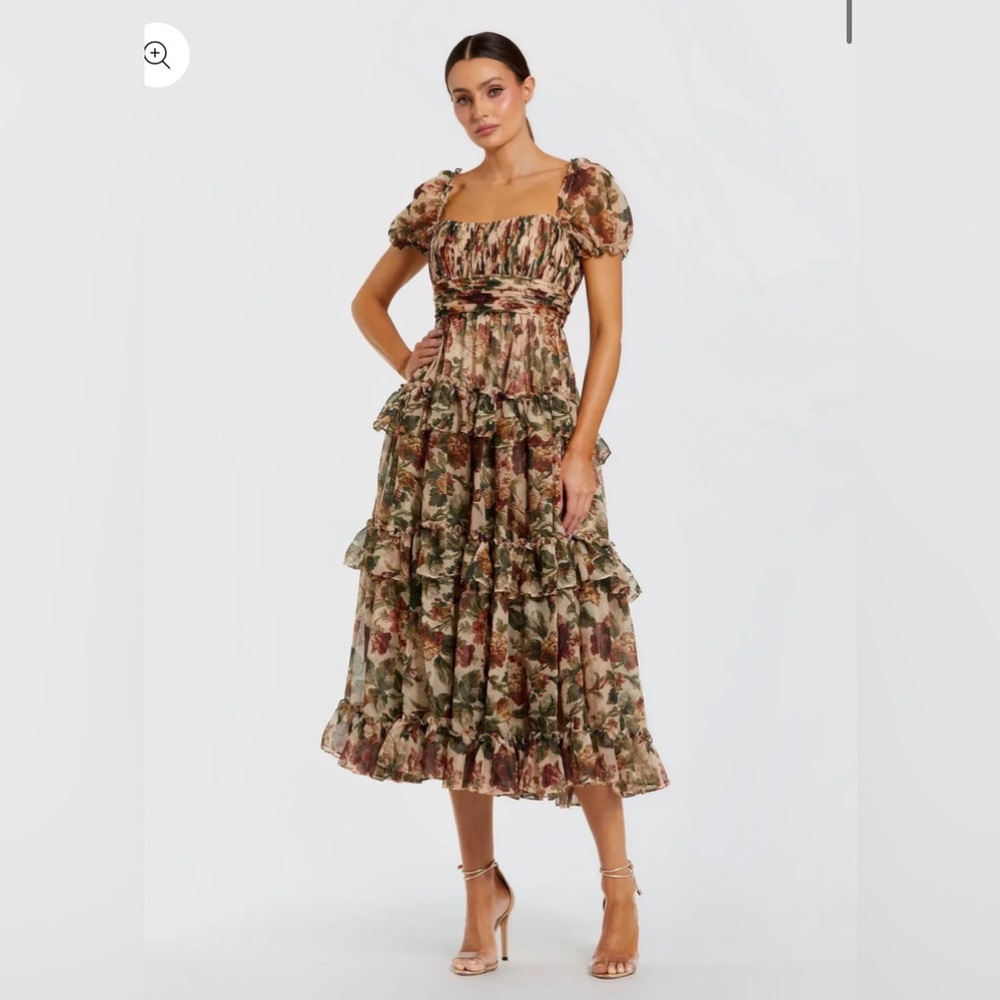 Mac Duggal Biege Chiffon Ruffle A-Line Midi, NWOT-EUC, size 10